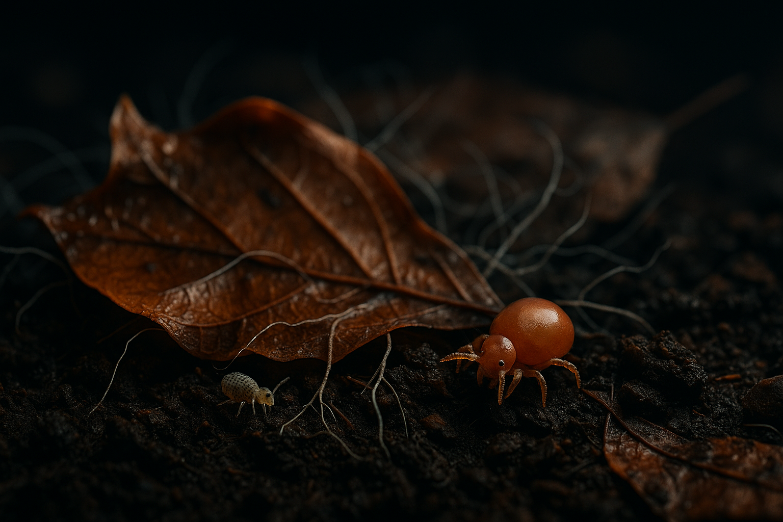 Rozklad lístia s mikrofaunou a hubovými hýfami.